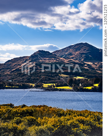 A blue body of water with a mountain range and green trees in the distance. 120521255