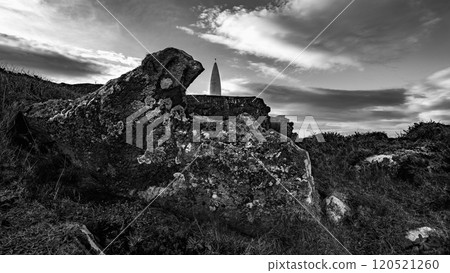 View of a rocky incline with patches of grass and a tall, white, narrow structure in the distance. The sky is mostly clear. View of a rocky incline with patches of grass and a tall, white, narrow structure in the distance. The sky is mostly clear. 120521260