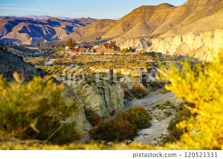 Tabernas desert view with Western Leone town, Spain Tabernas desert view with Western Leone town, Spain 120521331