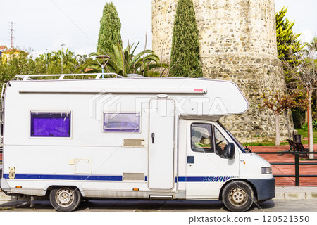 Caravan at old tower, Algarrobo town, Spain 120521350