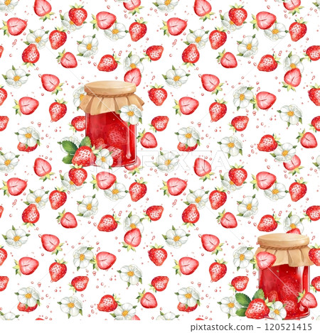 Red strawberries and jar with jam. Seamless pattern on white background 120521415