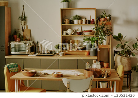 Modern kitchen with various plants and kitchenware displayed on shelves, and a wooden counter cluttered with baking ingredients and tools creating a cozy and inviting atmosphere Modern kitchen with various plants and kitchenware displayed on shelves, and a wooden counter cluttered with baking ingredients and tools creating a cozy and inviting atmosphere 120521426