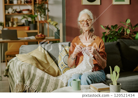 Portrait of elderly woman sitting on comfy sofa, knitting with serene expression. Surroundings include plants, pillows, and books, creating homey atmosphere 120521434