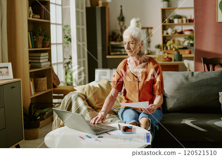 Elderly woman sitting on couch in living room, examining financial documents and using laptop. Sunlight bathing the room through large windows 120521510