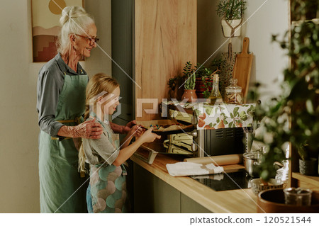 Elderly woman assisting young girl in kitchen while baking cookies together, enhancing bonding experience. They both wear matching aprons, surrounded by kitchen utensils and decor Elderly woman assisting young girl in kitchen while baking cookies together, enhancing bonding experience. They both wear matching aprons, surrounded by kitchen utensils and decor 120521544