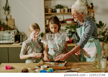 Elderly woman teaching two young girls baking cookies in home kitchen. Kitchen decorated with small appliances and shelves, children learning baking from experienced grandmother 120521546
