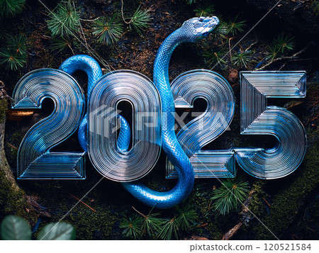 A blue snake symbolizing the year 2025, wrapping around the number 2025 120521584