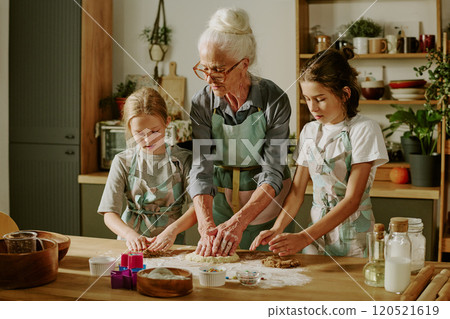 Senior woman baking with two children in kitchen, wearing matching aprons and making cookies on wooden countertop Senior woman baking with two children in kitchen, wearing matching aprons and making cookies on wooden countertop 120521619