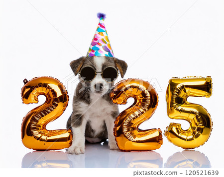 A cute puppy celebrating the 2025 New Year party, wearing a party hat and sunglasses, sitting with 2025 number balloons 120521639
