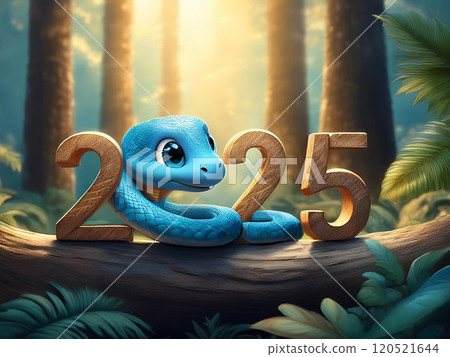 A blue snake symbolizing the year 2025, wrapping around the number 2025 120521644