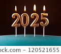 A joyful and exciting moment with a 2025 New Year celebration cake, with the candles shaped like the number 2025 lit up 120521655