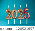 A joyful and exciting moment with a 2025 New Year celebration cake, with the candles shaped like the number 2025 lit up 120521657