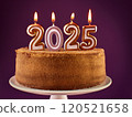 A joyful and exciting moment with a 2025 New Year celebration cake, with the candles shaped like the number 2025 lit up 120521658