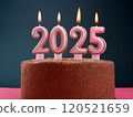 A joyful and exciting moment with a 2025 New Year celebration cake, with the candles shaped like the number 2025 lit up 120521659