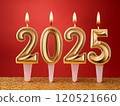 A joyful and exciting moment with a 2025 New Year celebration cake, with the candles shaped like the number 2025 lit up 120521660