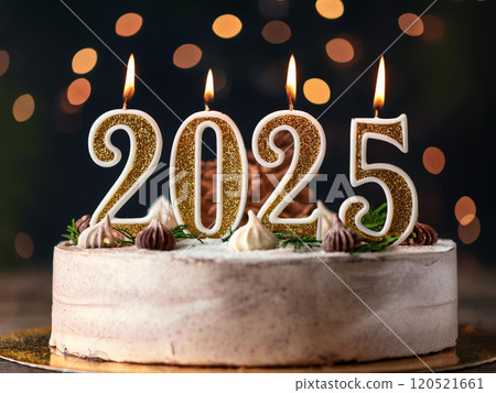 A joyful and exciting moment with a 2025 New Year celebration cake, with the candles shaped like the number 2025 lit up 120521661