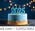 A cake symbolizing the Year of the Blue Snake, 2025, with the candles shaped like the number 2025 lit up 120521662