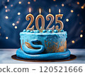 A cake symbolizing the Year of the Blue Snake, 2025, with the candles shaped like the number 2025 lit up 120521666