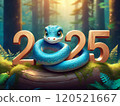 A blue snake symbolizing the year 2025, wrapping around the number 2025 120521667