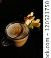 Сup of coffee tea on the table with a homemade cake decorated with a fresh mint 120521750