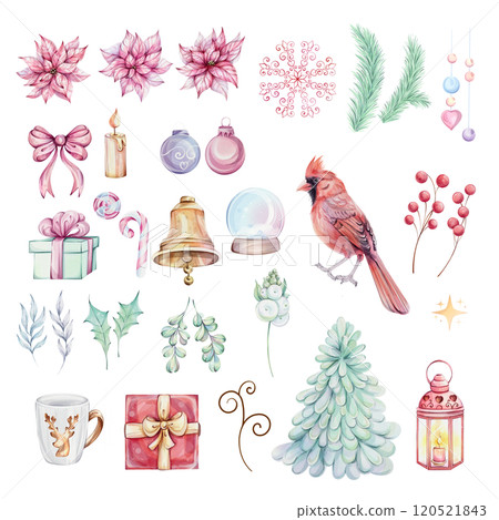 Watercolor Christmas clip art with Pink Poinsettia, red cardinal, brunch, tree, gifts, bell, candy cane. Hand painted illustrations, isolated on white background Watercolor Christmas clip art with Pink Poinsettia, red cardinal, brunch, tree, gifts, bell, candy cane. Hand painted illustrations, isolated on white background 120521843