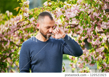 Man allergic suffering from seasonal allergy at spring in blossoming garden at springtime. Bearded young man sneezing and blowing runny nose in front of blooming tree. Spring allergy concept. Man allergic suffering from seasonal allergy at spring in blossoming garden at springtime. Bearded young man sneezing and blowing runny nose in front of blooming tree. Spring allergy concept. 120521923