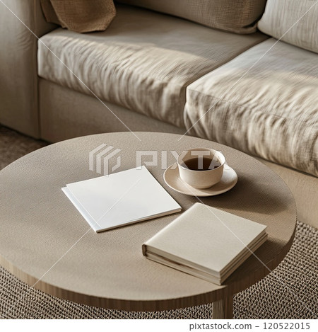 A magazine mockup featuring blank white sheets displayed on a minimalist coffee table. The high detail and muted tones create a casual and stylish vibe, perfect for modern design presentations. 120522015