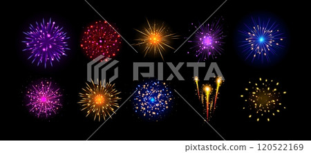 Festive fireworks. Realistic sparkling firework in dark sky. Colorful shimmering explosions 3d salute. New Year, Christmas and Independence day elements. Vector set 120522169