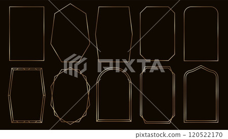 Simple golden frames. Thin gold borders in art deco retro style. Subtle linear shining rectangular photo frame, brass glowing shiny boarder. Vector luxury minimalist windows 120522170