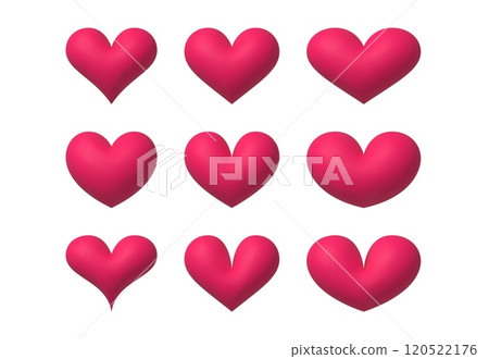 3d heart. Realistic red heart balloons in various shape. Romantic inflated purple hearts isolated elements for valentines and mother day card, wedding invitation. Vector set 120522176