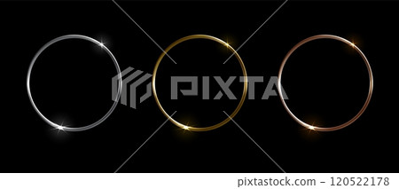 Gold, silver and bronze metal circle. 3d realistic round frames, shiny circular metallic ring borders with glare. Vector isolated set 120522178