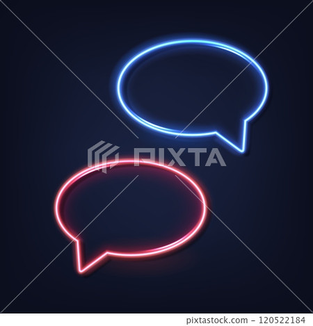 Neon speech bubbles. Red and blue thinking comic bubbles with space for text on the transparent background, chat boxes. Neon light sign glowing frame. Vector versus concept Neon speech bubbles. Red and blue thinking comic bubbles with space for text on the transparent background, chat boxes. Neon light sign glowing frame. Vector versus concept 120522184