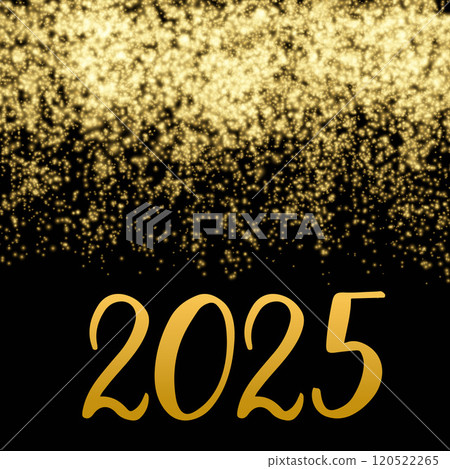 2025 calligraphy hand lettering on shiny gold sparkles background. New Year typography poster. Vector template for banner, sign, greeting card, invitation, etc 120522265