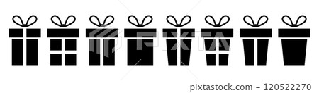 Gift box icon. Christmas and new year. Birthday and wedding. Simple present icon. Gift box icon. Christmas and new year. Birthday and wedding. Simple present icon. 120522270