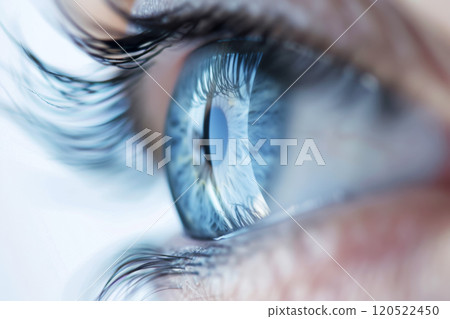 Close-up of a patient's eye during a vision check in the clinic, the concept of timely vision testing and maintaining eye health Close-up of a patient's eye during a vision check in the clinic, the concept of timely vision testing and maintaining eye health 120522450