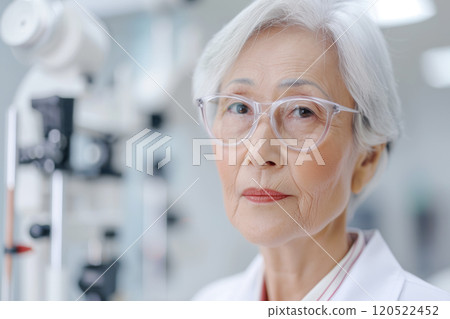Portrait of an adult female doctor in the office against the background of vision testing equipment, advertisement for an ophthalmology clinic 120522452
