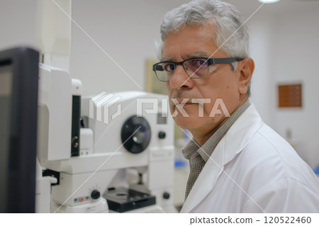 Portrait of an elderly ophthalmologist in the office, the concept of advertising an ophthalmology clinic and caring for eye health 120522460
