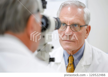 An ophthalmologist examines a patient's eyes, an adult doctor at work, an advertising concept for an ophthalmology clinic. An ophthalmologist examines a patient's eyes, an adult doctor at work, an advertising concept for an ophthalmology clinic. 120522466