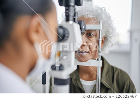 Doctor ophthalmologist checks client's vision for glasses prescription, vision correction clinic concept Doctor ophthalmologist checks client's vision for glasses prescription, vision correction clinic concept 120522467