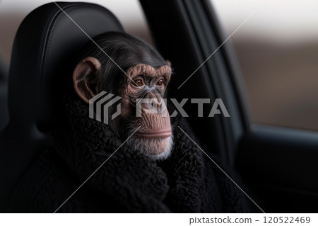 A chimpanzee in a warm coat rides in a limousine to a business meeting, the concept of humanizing animals 120522469