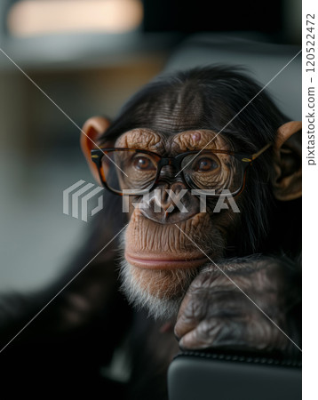 Vertical portrait of a chimpanzee wearing glasses sitting in a chair, close-up portrait 120522472