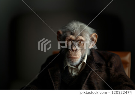 Portrait of an elderly chimpanzee in a coat and business suit in a chair, business portrait concept Portrait of an elderly chimpanzee in a coat and business suit in a chair, business portrait concept 120522474