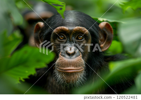 Chimpanzee among the bushes in the jungle, close-up, poster with the concept of protecting and caring for animals and ecology Chimpanzee among the bushes in the jungle, close-up, poster with the concept of protecting and caring for animals and ecology 120522481
