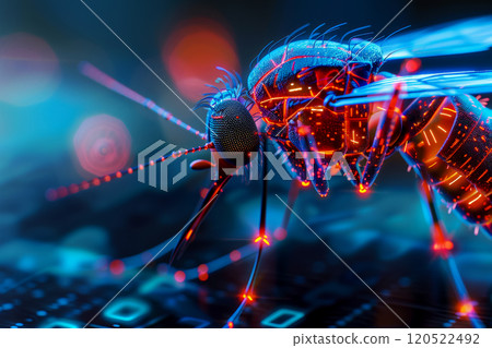 Visualization of a malware program in the image of a mosquito collecting information from the Internet, bright neon colors 120522492