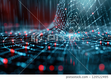 Concept with a neural web intertwining the Internet, neon light and information flows, the concept of security and control of personal data on the network 120522495