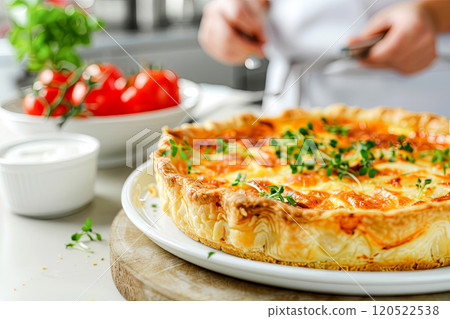 The chef serves a delicious French open tart to the table with cheese and smoked breast, close-up on Quiche Lorraine The chef serves a delicious French open tart to the table with cheese and smoked breast, close-up on Quiche Lorraine 120522538