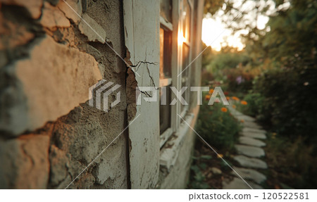 Old Window with Moss and Pink Flowers at Sunset 120522581