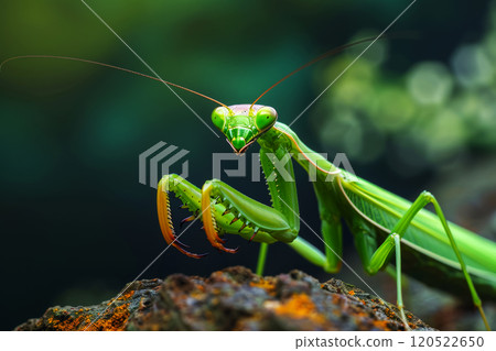 Mantis on a tree trunk against green foliage background Mantis on a tree trunk against green foliage background 120522650