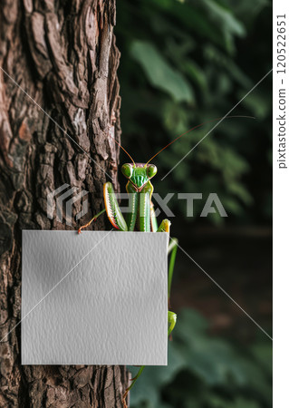 Mantis on tree trunk holding white sheet of paper for announcement, background of green foliage in foliage park, vertical poster 120522651