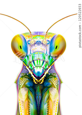 Close-up of the head of a praying mantis, watercolor in art nouveau style on a white background, concept for print Close-up of the head of a praying mantis, watercolor in art nouveau style on a white background, concept for print 120522653
